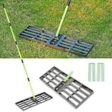 HUZSV Lawn Leveling Rake 30x10 inch,Stainless Steel Lawn Leveler with Green Positioning Stakes,6.3FT Adjustable Long Handle,Heavy Duty Level Lawn Tool for Backyard, Garden, Golf Course, Farm, Pasture