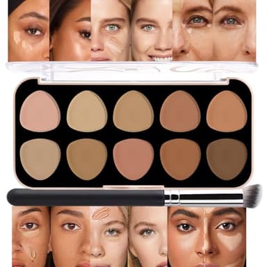 evpct 10 Colors Concealers Full Coverage Cream Contour Palette with Brush for Older Women, Under Eye Color Corrector Tri Color Pot Concealer Palette for Dark Circles Mature Skin Makeup, Waterproof, C2