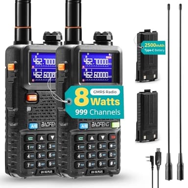 [Chirp Compatible] BAOFENG UV-5G Plus GMRS Handheld Radio, 999 Channels, 5W Long Range Rechargeable Two Way Radio with NOAA Weather Receiving, 2500mAh Battery USB-C Port, 8" & 15.5" Antennas, 2 Pack