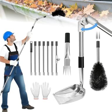 10.5FT Gutter Cleaning Tools from the Ground, Adjustable Length Gutter Cleaning Pole with Gutter Scoop, Gutter Brush, Gutter Rake, Efficient Gutter Cleaner for Leaves, Twigs & Debris