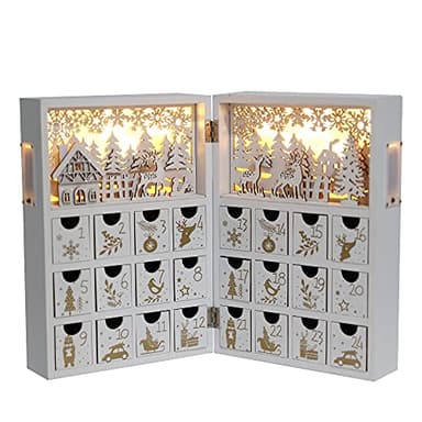 PIONEER-EFFORT Christmas Wooden Advent Calendar Book with LEDs White & Gold Christmas Reindeer Countdown Holiday Gifts with 24 Drawers Adults Kids Home Decoration (White&Gold,with light)