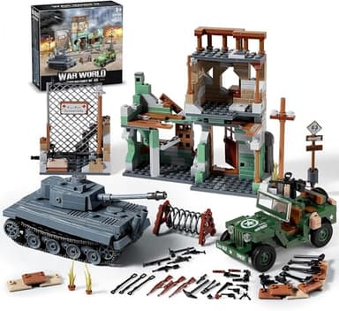 WW2 Military Base Building Sets Compatible with Lego - Build & Play with German Tiger Tank, US Willys MB Vehicle, Bombed House, Action-Packed Army Toys Model Kit for Kids, Teens & Adults