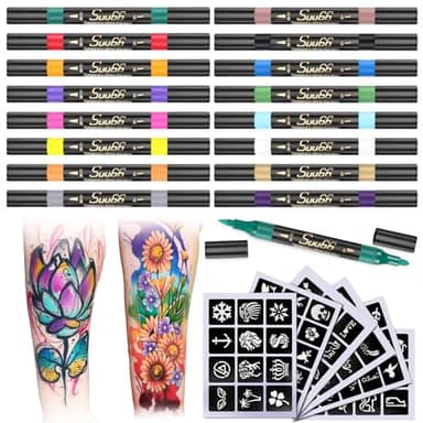Suu66 Temporary Tattoo Markers Kit, Dual-End 16 Colors with 80 Stencils for Body Art | Skin-Safe, Washable, Cosmetic-Grade | for Kids & Adults