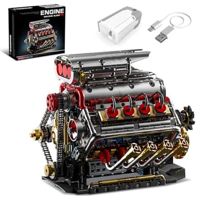 BseSparklion V8 Engine Model Kit that Runs, 8-Cylinder Car Engine Building Set with Rechargeable Motor, Compatible with Lego for Adults, STEM Engineering Construction Toy for Teens Boys (1176 PCS)