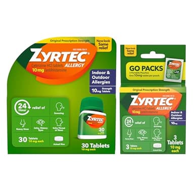 Zyrtec 24 Hour Allergy Relief Tablets, Fast-Acting Allergy Medicine for Indoor & Outdoor Allergies, Cetirizine 10 mg Tablet Antihistamine, 30 ct Bottle & 3 Single-Dose Travel Packs Bundle Pack