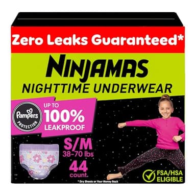 Ninjamas Girls Bedwetting Nighttime Underwear, Size S/M (38-70 lbs), 44 Count, Overnight Protection, Ultra Absorbent, Hypoallergenic