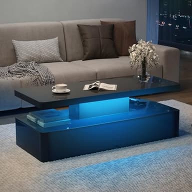 MXV Modern Coffee Table, 40 Inches Coffee Tables with 16 Colors LED Lights, 2 Tier Rectangular Center Table, Large Storage Space, High Glossy Wooden Tea Table for Living Room, Bedroom, Office, Black