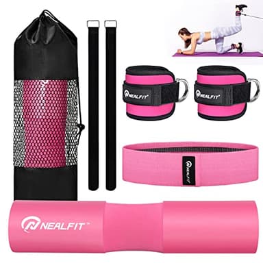 NEALFIT Barbell Pad Set for Squats, Lunges and Hip Thrusts, Neck & Shoulder Protective Pad, Standard Olympic Bars with 2 Gym Ankle Straps, Hip Resistance Band, Barbell Pad, Carry Bag (Pink)