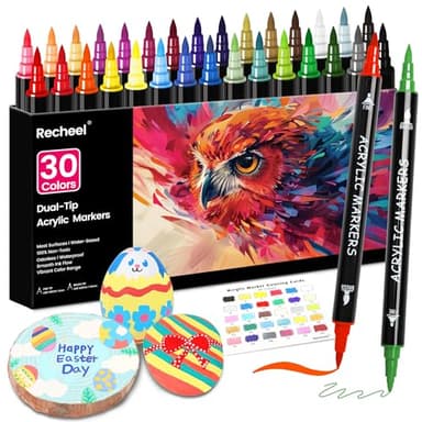 Recheel 30 Colors Acrylic Paint Markers, Dual Tip Fine and Brush Tips for Detailed Art, Crafting, Rock Painting, Wood, Glass, Ceramic, and More