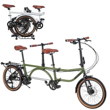 WEEROCK 20 inch 4-Fold Tandem Bike 2 Seats Foldable Bike, High Carbon Steel Frame, 7-Speed Gear, Front & Rear Disc Brakes, Foldable Rear Wheel & 4-Wheel Rack for Easy Pushing, Green