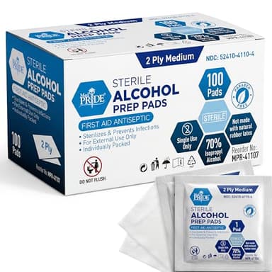 MED PRIDE Sterile Alcohol Prep Pads, Antiseptic, Individually Wrapped, Medical Grade, Latex Free, 2 Ply, 100 Count