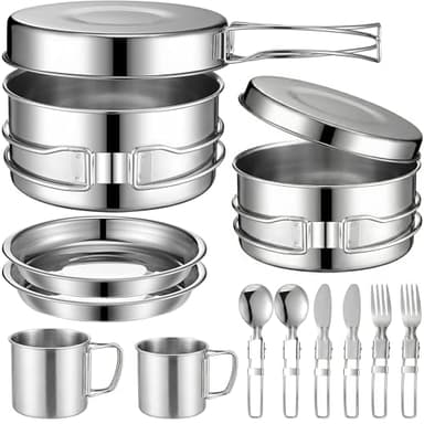 14-Piece Camping Cookware Set, 304 Stainless Steel Pots and Pans with 2 Sets of Cups, Plates, Forks, Knives, and Spoons for Camping, Backpacking, Outdoor Cooking, and Picnic