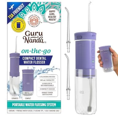 GuruNanda Compact Water Dental Flosser, Portable Travel Size Oral Irrigator Flosser with Collapsible 180 ml Tank, Smart Timer, 4 Flossing Modes, TSA-Friendly - Lavender