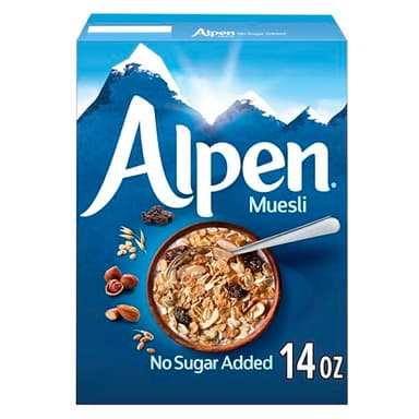 Alpen Muesli No Sugar Added Cereal, Heart Healthy Cereal with Wheat Flakes, Rolled Oats, Nuts and Raisins, Non-GMO Project Verified, 14 OZ Box (Pack of 1)
