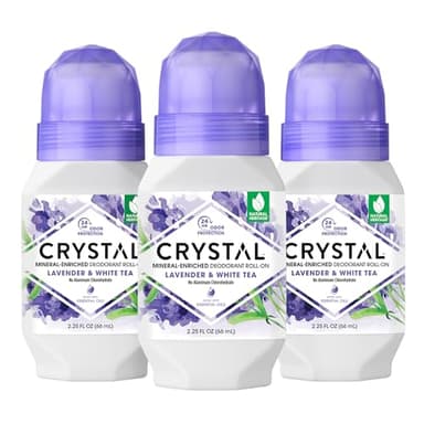 CRYSTAL Deodorant Aluminum Free Mineral Deodorant Roll-On for Women & Men, Lavender & White Tea - Paraben Free - Certified Cruelty Free & Vegan Deodorant - Prevents Odor Up to 24 Hours ,2.25 Fl Oz (Pack of 3),21661-3