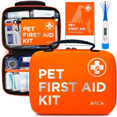 ARCA PET Cat & Dog First Aid Kit for Car - Pet Emergency Kit for Home Office Travel – Dog Camping Essentials with Digital Thermometer, Muzzle & Mini First Aid Pouch