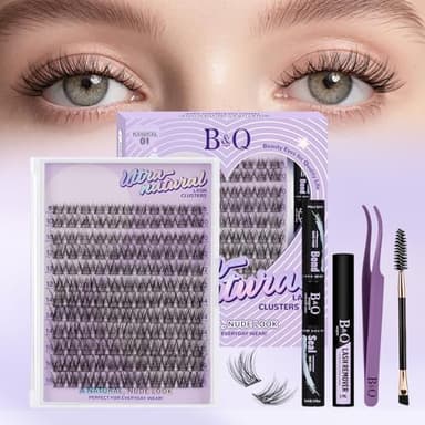 B&Q Wispy Lash Clusters Kit, Natural 01, Individual False Eyelashes Extension Set, Undetectable Natural Look for Effortless Day-to-Night Beauty, from Office Elegance to Date Night Glamour(8-16mix)