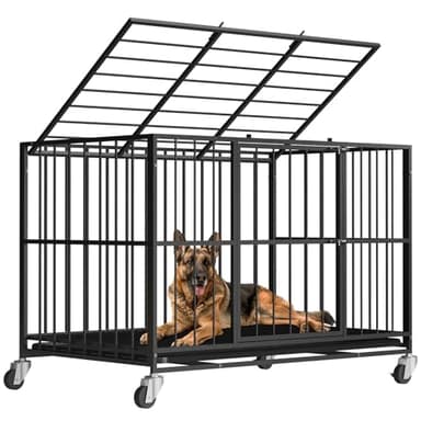 Docagt 48 Inch Heavy Duty Dog Crate Steel Escape Proof, Indoor Double Door High Anxiety Cage, Removable Tray, Large Dog Kennel with Wheels, XL XXL