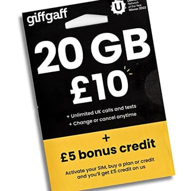 GiffGaff United Kingdom PAYG SIM Card for Visiting UK & Europe w/ 5￡Bonus, Activate While in U.S., 12￡ for Unlimited SMS/Calls and 12GB Data [for Unlocked Phones]
