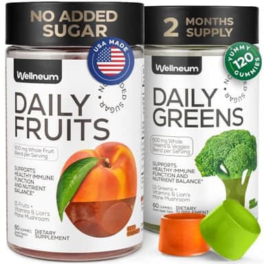 Super Greens + Super Fruits Gummies (Fruits/Greens Powder in Gummies Form) - 600mg Greens Blend + 600mg Fruits Blend for Immune Support, Sugar Free, Vegetarian, Non-GMO, 2-Pack (120 Gummies)