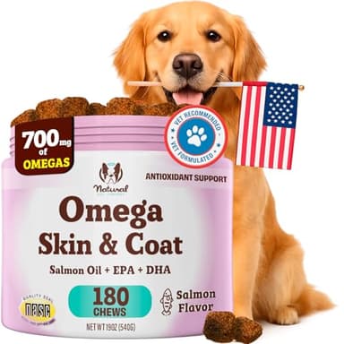 Natural Dog Company Omega Chews for Dogs Skin & Coat Support with Salmon Oil & Omega-3 Fatty Acids, Helps Itchy Skin, Dryness, Shedding, Supports Joints, Heart,Immune System & Overall Health (180 cnt)