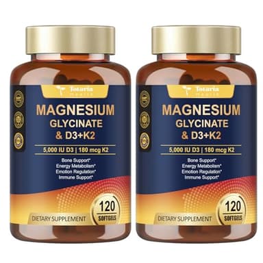 9-in-1 Magnesium Glycinate 500mg + Vitamin D3 5000 IU & K2 Complex - High Absorption - Healthy Stress, Sleep, Muscle Function, Bone Health & Energy Supports | Non-GMO, Gluten-Free 2 Pack