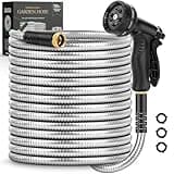 Garden Hose 50 FT, Metal Stainless Steel Water Hose with 10 Function Nozzles, No Kinks, Flexible Hose, Lightweight, Puncture Proof, Heavy Duty Hose for Yard and Outdoor