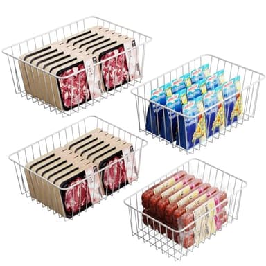 iSPECLE Freezer Organizer Bins - 4 Pack Upright Freezer Baskets for 17/21 Cu.Ft Stand Up Freezer, Wire Storage for Reach-In Freezer, Slide-Out Access, Prevents Items Falling, 2 Large 2 Medium, White