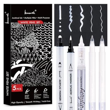 Brusarth White Pens Set, 5 Pack, 1mm White Gel Pens, Dual-Tip Acrylic Paint Pen, Brush Tip Acrylic Markers for Black Paper Drawing, Sketching, Illustration, Card Making, Bullet Journaling