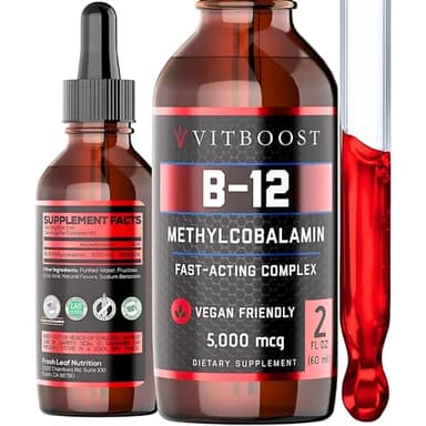 VITBOOST Vegan Liquid B-12 Drops – 60 x 5000 mcg Extra Strength Raspberry Flavored Vitamin B12 Liquid Methylcobalamin sublingual Supplement | Designed to Maximize Absorption & Energy | Gluten Free