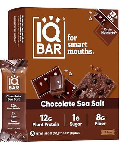 IQBAR Clean Plant Protein Bars - Chocolate Sea Salt - 12 Count - Keto, Vegan, High Fiber, Gluten and Dairy Free, Low Sugar Snack - Brain and Body Nutrients for Focus, Energy, Meal Replacement