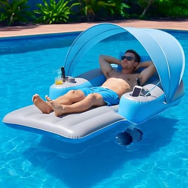 Motorized Pool Float with Canopy, Rechargeable Motorized Floats with Cup Holder – Dual Motor Heavy Duty Electric Lounger Raft for Adults, Pool, Lake & Party