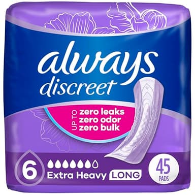 Always Discreet Adult Incontinence Pads for Women, Drier vs Poise, 6 Drop Long Length, Extra Heavy Absorbency, Pads for Bladder Control Management, Bladder Leaks, & Postpartum Pads, 45ct