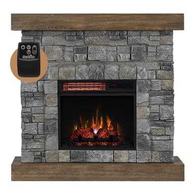 Modern Ember - Raeford Electric Fireplace Mantel, 40” Fireplace Mantel with 18” Fireplace Insert, Electric Fireplace with Mantel & Stone Brick Surround, Heats up to 1,000 sq.ft., 40"L x 40"H x 11.5"D