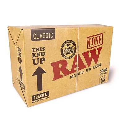 Stoners RAW Classic Natural Pre Rolled Cones Unrefined Rolling Papers - 1 1/4 Size Preroll Cones with Filter Tips - Bulk 1000 Pack Cones Per Box