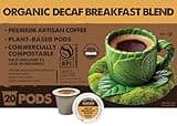 Ekocups Decaf Organic Breakfast Blend Coffee Pods - Swiss Water Process, Light Roast, Compostable, Plant-Based & Freshness-Sealed - Keurig Compatible, 20ct