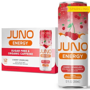 JUNO ENERGY Organic Cherry Sparkling Energy Drink - Sugar Free, Energizing and Hydrating with 125mg Organic Caffeine from Green Coffee Beans, Stevia, Organic Sour and Black Cherry Juice & Electrolytes - Vegan, Gluten Free, 12 Pack