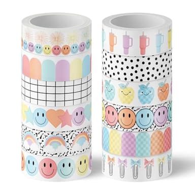 JarThenaAMCS 12 Rolls Washi Tape Composition Notebook Classroom Decor Pastel Smile Rainbow Decorative Masking Tape Set Preppy Wrapping Paper Tapes for Back to School Scrapbook Journal DIY Art Crafts