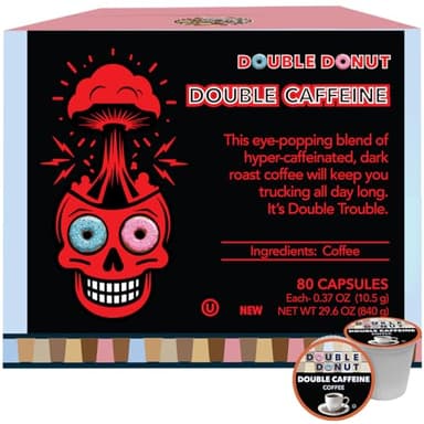 Double Donut Coffee High Caffeine Coffee Pods, Extra Strong Double Caffeine Coffee Cups for Keurig K Cup Brewer Machines Single Serve Dark Roast Coffee, 80 Count