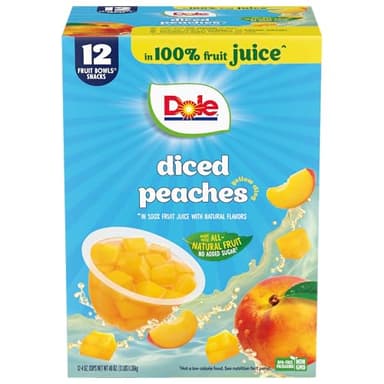 Dole Diced Peaches in 100% Juice - Dole Fruit Bowls Snacks - 4 oz Fruit Bowls - 12 Pack