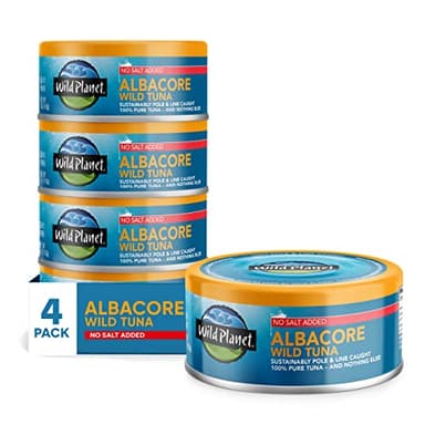 Wild Planet Albacore Wild Tuna, No Salt Added, Canned Tuna, Pole & Line Caught, 5 oz, Pack of 4, Packaging May Vary