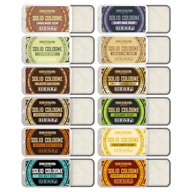 Viking Revolution Solid Cologne 12pk for Men - Men's Cologne Gift Set with Sandalwood, Vetiver, Palo Santo, Coffee Whiskey, Spiced Vanilla, Bourbon Suede - Travel Size Gifts for Men (0.5 Oz each)