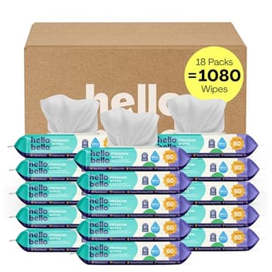 Hello Bello Premium Fragrance-Free Baby Wipes, with Chamomile & Aloe Extracts for Sensitive Skin - 18 Resealable Packs = 1080 Total Wipes