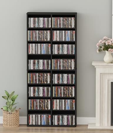 VPSMAT DVD Rack Tower, 16-Shelf DVD Storage Racks with Adjustable Shelves 8-Tier Multimedia Storage Tower for Living Room Home Office