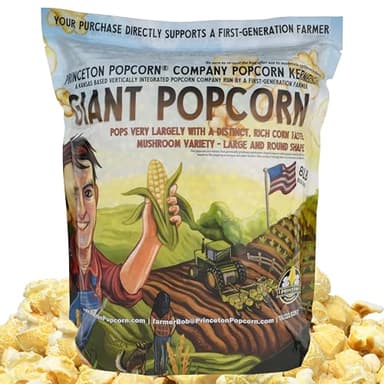 Princeton Popcorn Mushroom Hulless Popcorn Kernels – Easy-Eating, Ball Shaped Tender Popping Corn, Non-GMO Popcorn Kernels, No Hulls, Farmer Direct, Microwave Air Popper or Stovetop Bulk Bag 8lbs