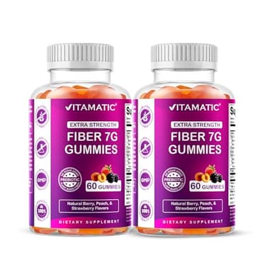 Vitamatic Prebiotic Fiber Gummies for Adults – 2 Pack (Total 120 Gummies) 7g Fiber per Serving | Extra Strength | Zero Sugar Added | Pectin-Based | Digestive Health & Regularity Support