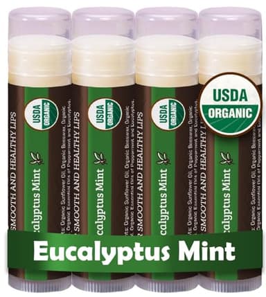 Earth's Daughter USDA Organic Lip Balm 4-Pack Eucalyptus Mint Flavor - Beeswax, Coconut Oil, Vitamin E - Best Lip Repair Chapstick for Dry Cracked Lips.
