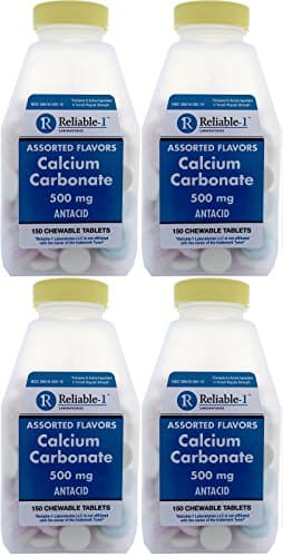 Calcium 500 mg Generic for Tums Assorted Fruit Flavored Chewable Tablets Regular Strength Antacid for Acid Indigestion, Heartburn, Sour Stomach 150 Chewable Tablets per Bottle Pack of 4