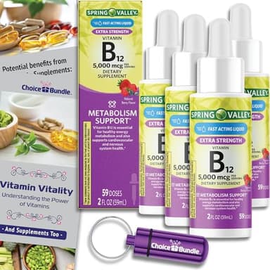 Choice Bundle Spring Valley Liquid Vitamin B12 5000 mcg Metabolism Dietary Supplement Berry 2 fl oz 4 pk (8 oz Total) + Vitamin Guide and Pill Container (6 Items)!