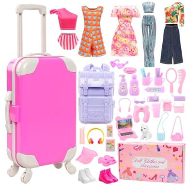 40 PCS Doll Travel Accessories Playset Includes Travel Luggage Suitcase 5 Clothes 1 Backpack 3 Pairs of Shoes & 32 Accessories Headset Puppy Toiletories,etc Travel Toy Set for 11.5 Inch Girl Dolls